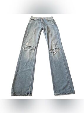 Zara Denim High Rise Straight Destroyed Blue Button Fly Jeans Women’s Size 6/28